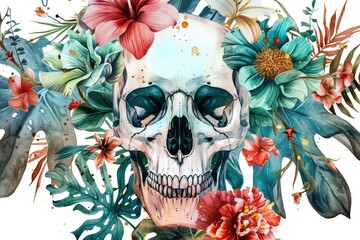 Watercolor skull with floral and leaf elements, suitable for various design projects
