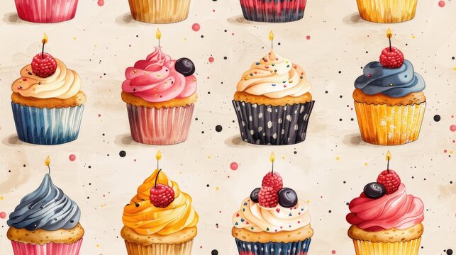 Retro-inspired birthday cupcake illustration with kitschy, patterns and vintage flair, perfect for nostalgic designs, pattern