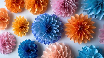 Vibrant paper fan decorations on white background, 4k, ultra hd