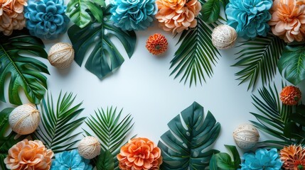 Tropical-themed party decorations with palm leaves on white background, 4k, ultra hd - obrazy, fototapety, plakaty