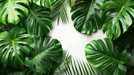 Tropical-themed party decorations with palm leaves on white background, 4k, ultra hd