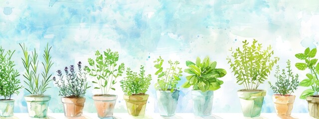 watercolor-style children's book picture of herbs in pots on a windowsill with a gentle mist and light green and sky blue hues. - obrazy, fototapety, plakaty