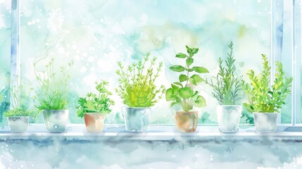 watercolor-style children's book picture of herbs in pots on a windowsill with a gentle mist and light green and sky blue hues.