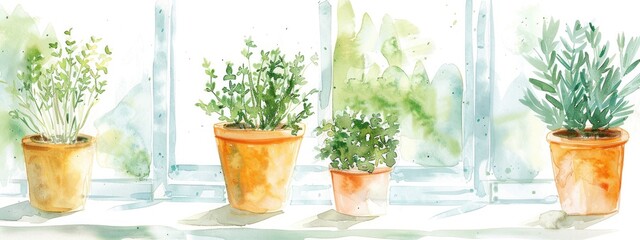 watercolor-style children's book picture of herbs in pots on a windowsill with a gentle mist and light green and sky blue hues.