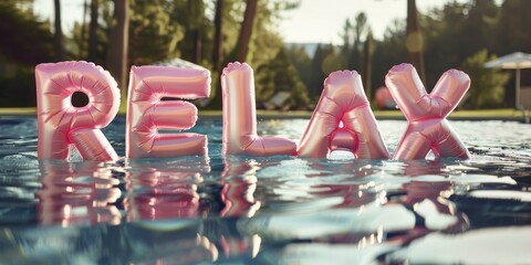 At the pool, inflatable letters that say relax float in the water.