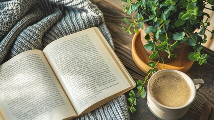 Canva mockup of a junk journal with a open book, a cup of coffee, and a pot plant