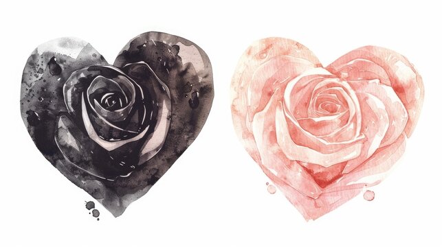 Two beautiful watercolor paintings of a rose and a heart. Perfect for romantic designs and greeting cards