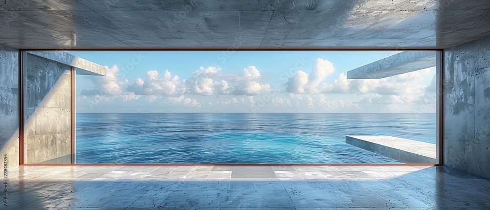 Leinwandbilder render of an empty concrete room with a large window facing the sea.