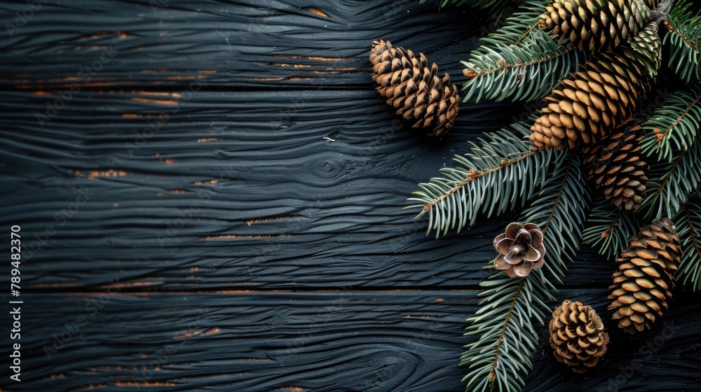 Poster A close-up view of a pine tree branch with cones on a wooden surface. Ideal for nature and forestry concepts