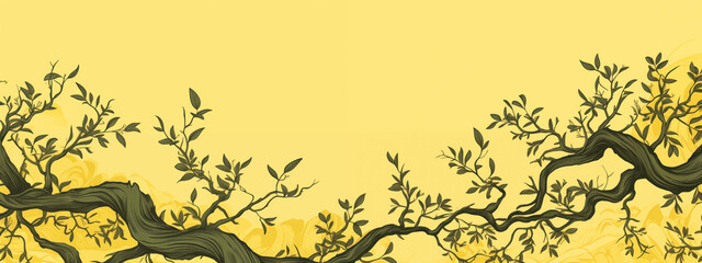 Tree branches on a yellow background, hand drawn illustration. Nature banner. - obrazy, fototapety, plakaty