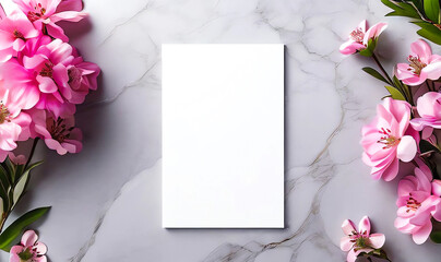 Beautiful work decorated with a blank page and pink flowers on a white marble top view. Copy-space, place for your lettering. 