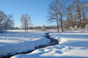 Running stream amidst a blanket of snow in the field
