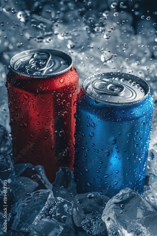 Poster two cans of soda sitting on top of ice. perfect for summer refreshment ads