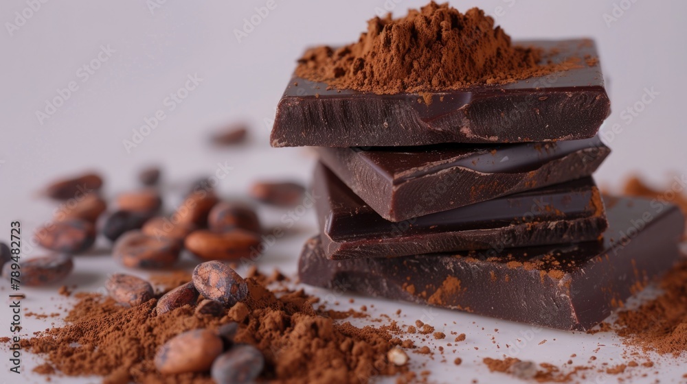 Poster stack of chocolate bars with cocoa powder, ideal for food and dessert concepts