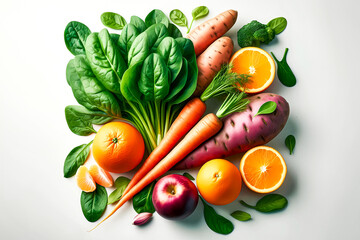 Illustration of 5 vegetables that help with weight loss and are high in fiber including Spinach, Broccoli, Carrots, Sweet Potatoes and Citrus on a white background.
