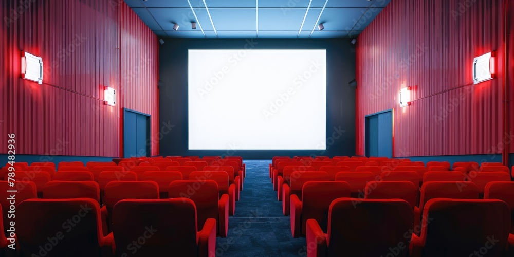 Poster a movie theater with red seats and a projector screen. ideal for cinema or entertainment concepts