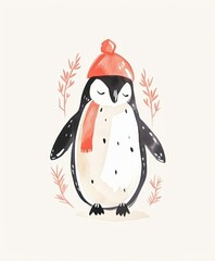 Little funny penguin in a winter hat and scarf. watercolor art illustration