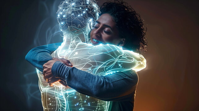 Arab woman hugging a man made of transparent  glowing body. Long distance relationships; online psychological help; artificial intelligence support;  concept