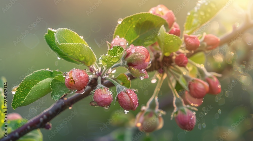 Poster close up of a tree branch with water droplets, suitable for nature themes