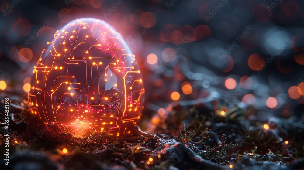 Leinwandbilder This greeting card features an abstract 3D egg with circuit board texture. A glamorous digital illustration of a glowing egg in tech futuristic style.