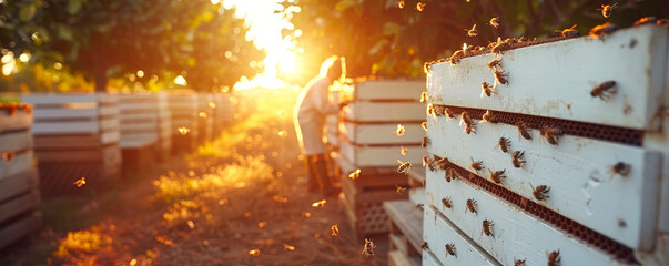 Beekeeper checking beehives at sunset, bees flying around. Warm light filtering through trees, golden hour in orchard