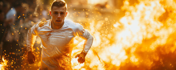 Focused man running through intense flames and smoke in obstacle course race. Determination and action captured in bright dynamic setting