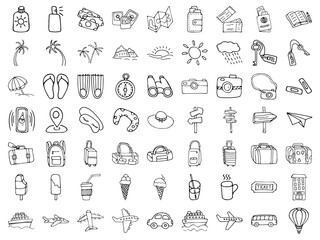 Icon set of elements for summer vacation travel, hand drawn vector doodles in line style. Line contour in sketch style.