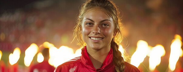 Smiling young athlete in red sportswear with stadium lights in background. Confidence and joy radiate from her post victory glow