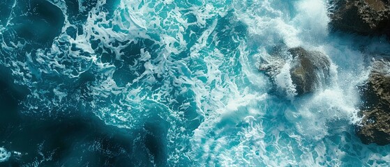 topdown image of the ocean with waves breaking on rocks