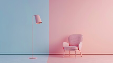 Interior room in plain monochrome light pink color with single chair and floor lamp on pink and...