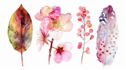 A group of watercolor flowers and leaves. Perfect for botanical designs