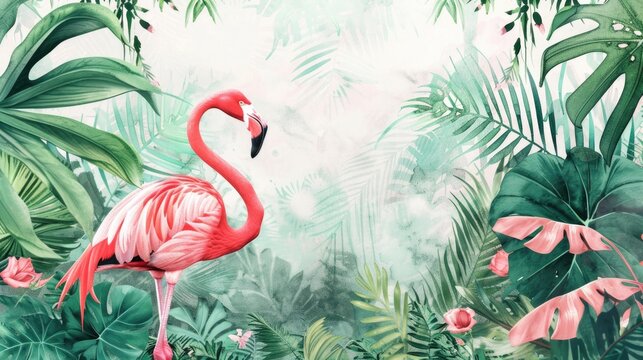 A colorful painting of a flamingo in a lush tropical environment. Ideal for nature-themed designs