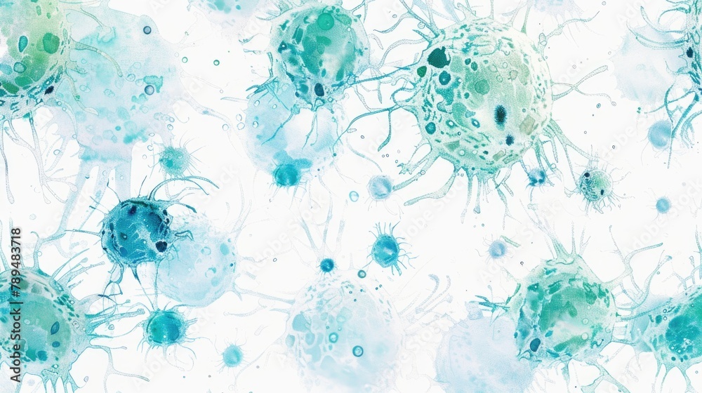 Poster a close-up view of cells on a white surface. suitable for scientific or medical concepts