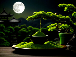 盆栽、お茶、月、日本