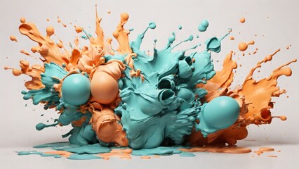 turquoise color and peach color paint spilled splash on silver background - 789483781