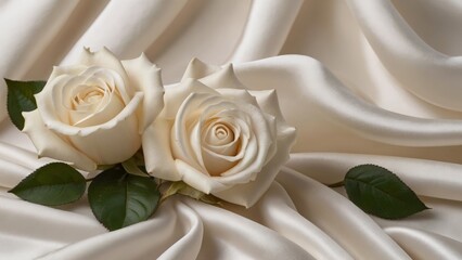 Two cream white roses on luxury elegant white silk background - 789483793
