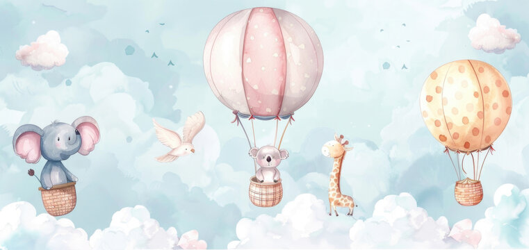 A whimsical image of an elephant and three giraffes flying in a hot air balloon. Perfect for children's books or travel posters