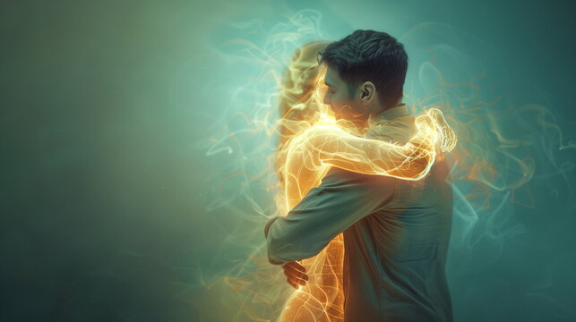 Man hugging a woman made of transparent  glowing body. Long distance relationships; online psychological help; artificial intelligence support;  concept