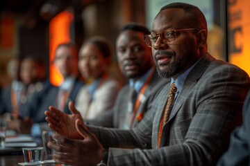 The atmosphere of the meeting room is where employees are having a meeting