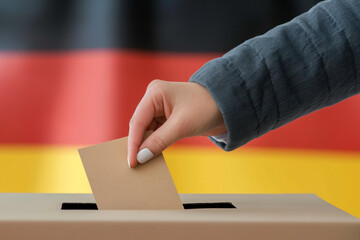 German woman voter hand casting ballot, election day