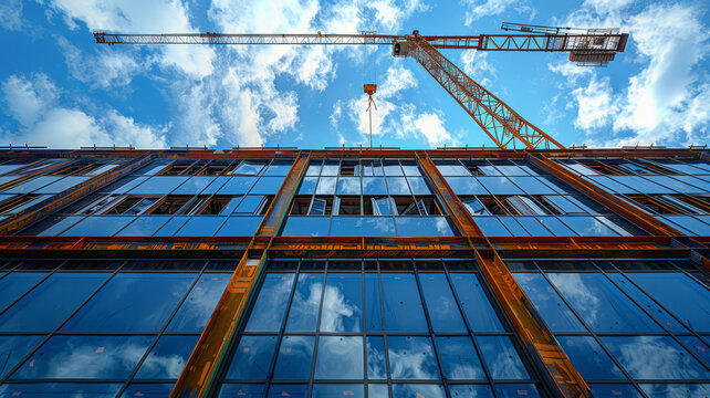 Steel hook crane constructing metal building.generative ai