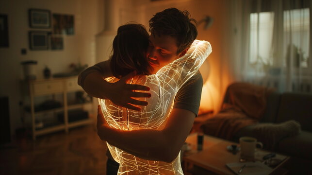 Man hugging a woman made of transparent  glowing body. Long distance relationships; online psychological help; artificial intelligence support;  concept