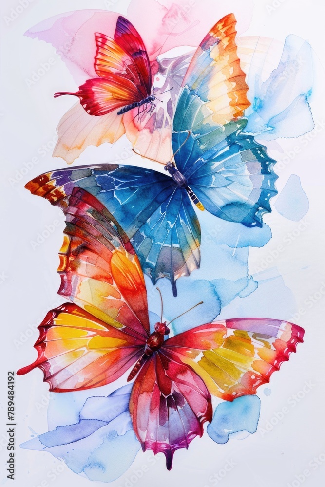Poster Three vibrant butterflies on a plain white background. Suitable for various design projects