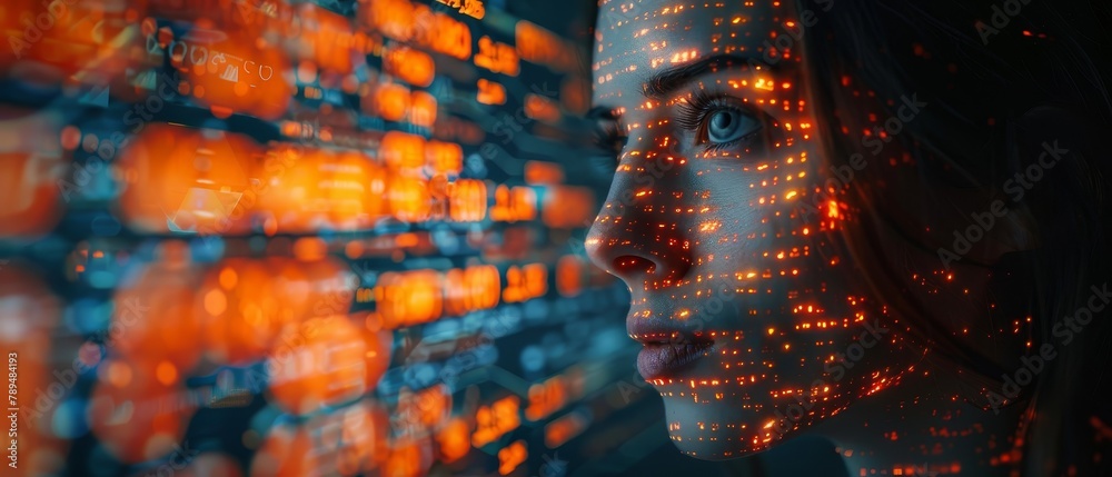 Poster Artificial intelligence in business, fintech. Face of artificial intelligence with mind looking at trading charts information. Neural networks analysis finance economic digital data. Robot trader