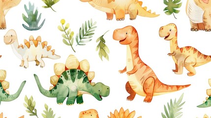 A group of dinosaurs standing in grass. Suitable for educational materials - obrazy, fototapety, plakaty