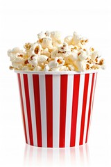 A red and white striped bucket filled with popcorn. Perfect for movie nights or circus themes