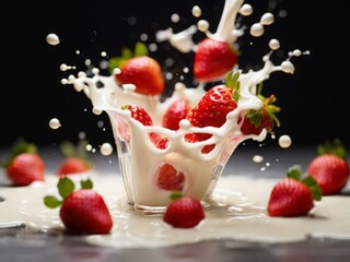 strawberries fall into a glass of milk splashing - 789484177
