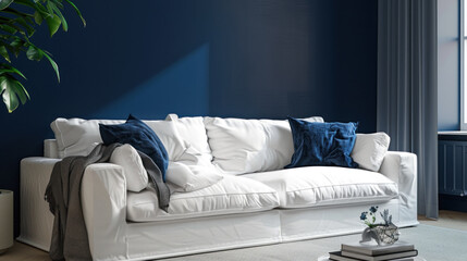 3D rendering of white sofa table against dark blue wall in a modern living room