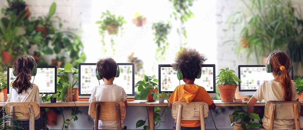 Poster The creation of computer games by children. Tech education for kids. Kids learning programming, coding, artificial intelligence, robotics, and computer science. An online science course banner.