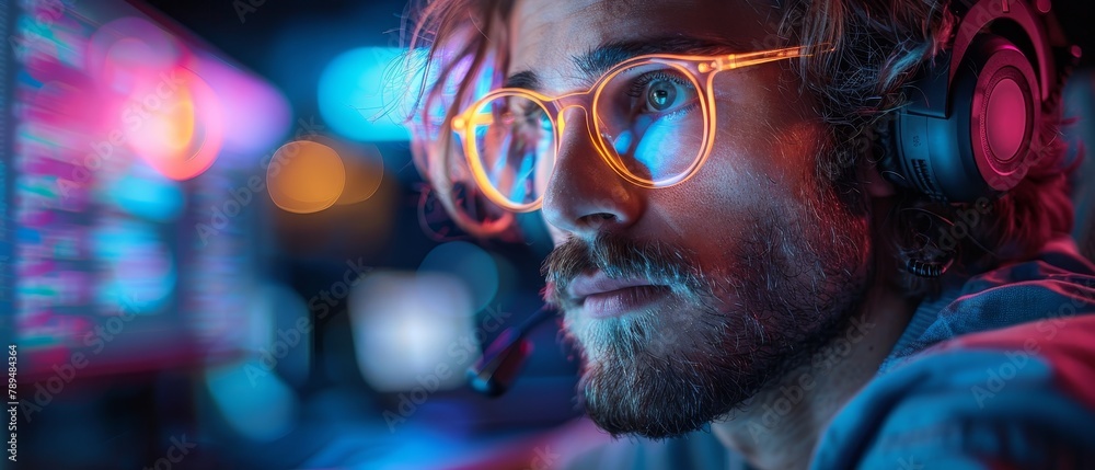 Poster In a dark room with neon lights, a programmer programming on a computer screen with the code of a program written on text. It is a portrait of a programmer working over a laptop. A guy with a headset